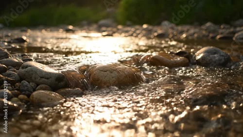 Tranquil Stream Flowing Over Pebbles in Sunlit Natural Setting