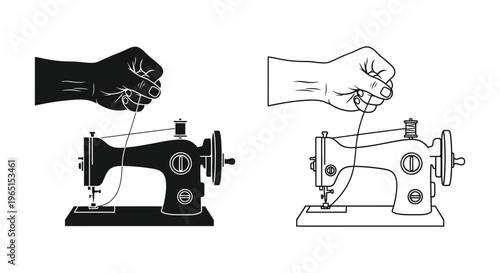 Sewing machine and hand drawing thread Vector