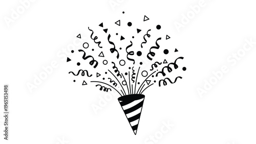 Black and white line art illustration of a party popper exploding with confetti and streamers for celebration and event icons.
