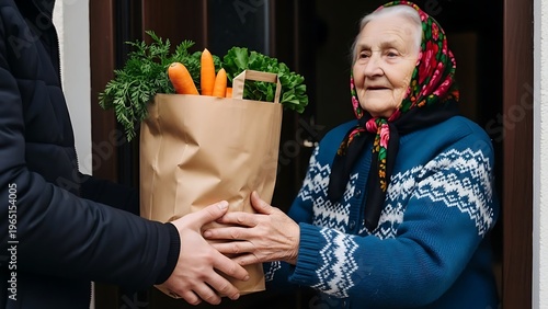 Kind neighbor delivers groceries to elderly woman at doorstep.