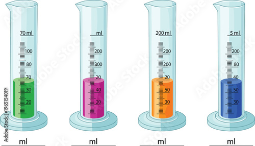 "Colorful Graduated Cylinders with Different Liquids Measured in Milliliters"