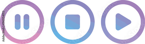 Media control buttons icon set with play pause and stop symbols in purple blue gradient circle UI design