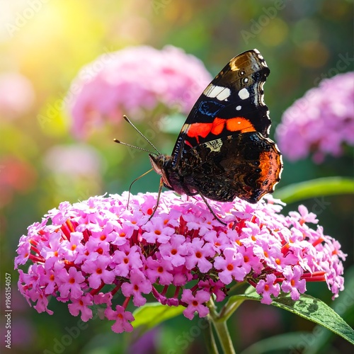A butterfly perches on a vibrant pink flower in a garden