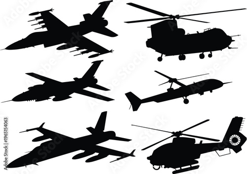 Military aircraft silhouette set with fighter jets helicopters and drone in black and white aviation vector style