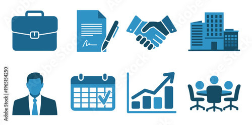 Business flat icons set in blue tones, modern vector collection of office, finance, communication, and corporate symbols for professional, startup, and enterprise design projects.