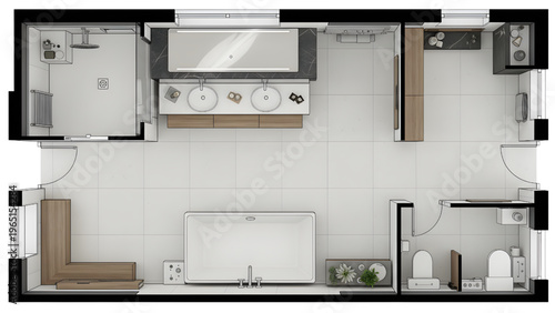 Modern bathroom interior plan, 3D layout, vanity, shower, bathtub, home design, architectural visualization