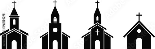 "Set of 4 Black Church Icons with Cross in Various Designs and Styles"