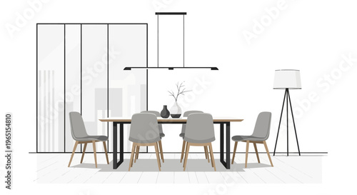 Modern dining room with minimalist furniture and geometric glass partition