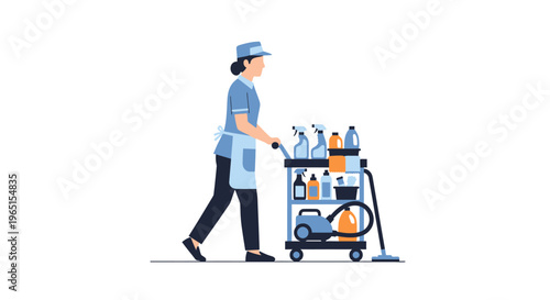 Housekeeper Pushing Cleaning Cart with Supplies and Vacuum Cleaner