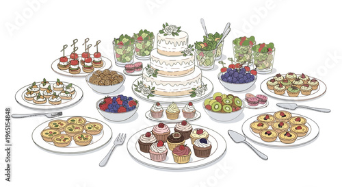 Elegant Wedding Buffet Table with Tiered Cake, Cupcakes, Appetizers, and Fruit Salads