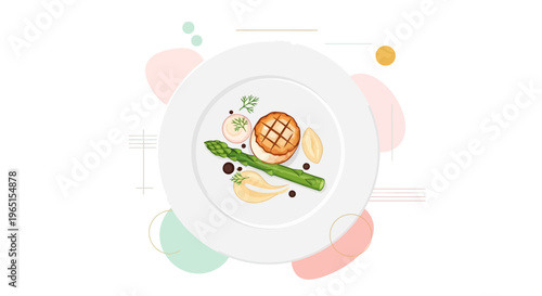 Gourmet dish with grilled scallop, asparagus, and puree on white plate, minimalist food illustration