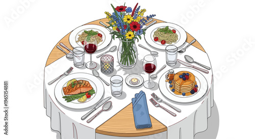 Elegant Dinner Table Setting with Food, Wine, and Flowers