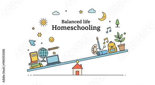Balanced life and homeschooling concept on a seesaw with school and art supplies, sun, moon and clouds.
