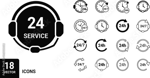 "Set of 18 Icons Representing 24/7 Customer Service and Availability"