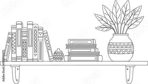 "Decorative Shelf with Books, Plant Pot, and Home Decor Items in Line Art Style"