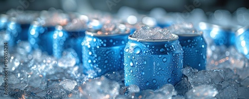 Close-up of vibrant blue beverage cans chilling in crushed ice with condensation