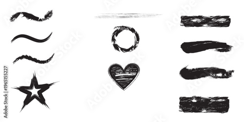Collection of abstract black shapes and symbols on white background