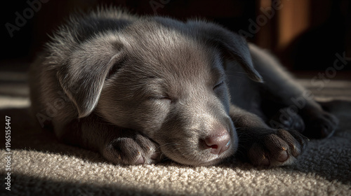 the charming gray puppy blissfully napping in gentle afternoon sunlight