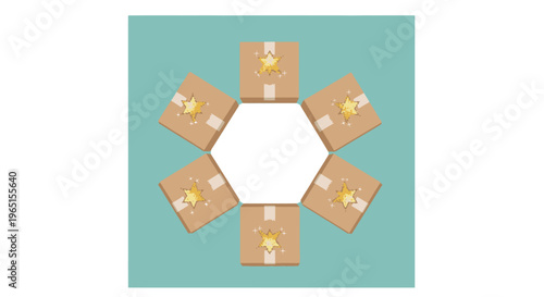 Six cardboard boxes with golden star badges arranged in a hexagon shape on a teal background, top view.