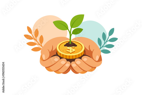 Hands holding a gold coin with a plant growing from it symbolizing financial growth.