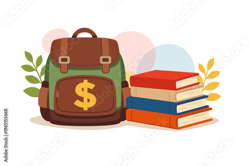 School backpack with dollar sign and stack of books.