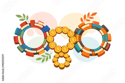 Three circular arrangements of coins and books with leaves.