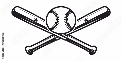 A crossed baseball bat and ball illustration in black and white