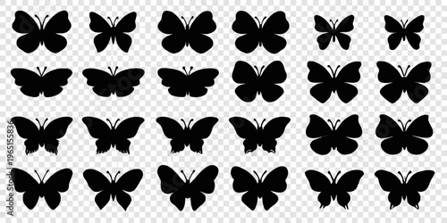 Collection of diverse black butterfly silhouettes arranged on a transparent background