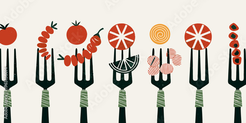 Stylized illustration of various fruits and vegetables on black forks