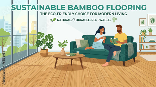 Modern Living Room with Bamboo Flooring and People