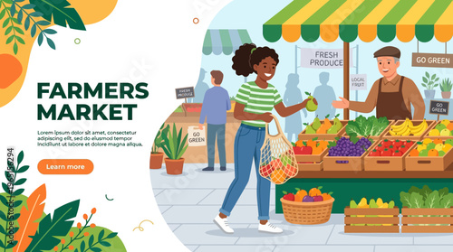 Vibrant Farmers Market Scene with Customers and Vendors