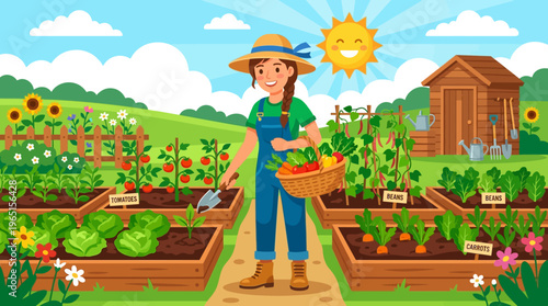 Happy Farmer Harvesting Vegetables in the Garden