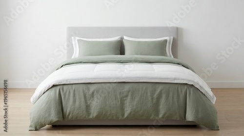 Photography Sage green bed with white comforter and bokeh background