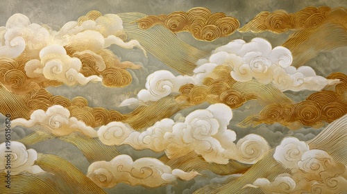 金色のすやり霞と金雲の伝統的な屏風画、和風背景素材