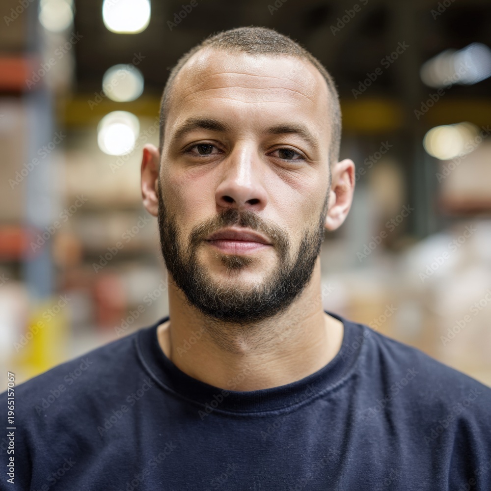 Fototapeta premium Portrait of a confident young man with a beard standing in a warehouse, looking at the camera with a serious, focused expression.