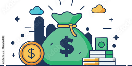 "Money Bag, Coins, and Bills in Flat Design Representing Wealth and Finance"