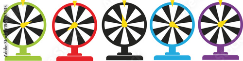 "Set of 5 Colorful Spinning Wheels in Green, Red, Black, Blue, and Purple"