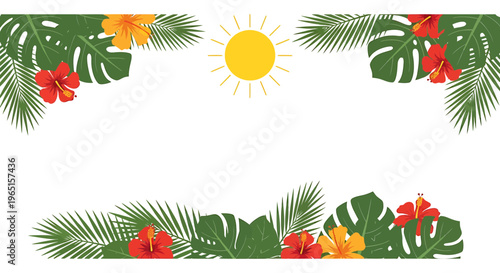 Tropical leaf borders, palm frond garlands, floral frames, summer decoration elements, vector illustrations