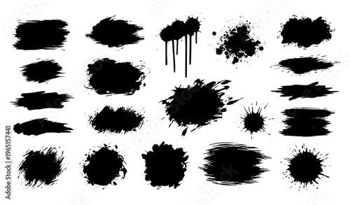 Grunge brush strokes and ink blots set black vector illustration