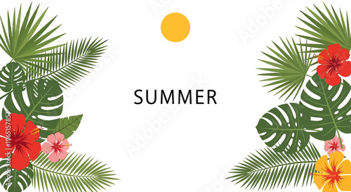 Summer tropical leaves and flowers, colorful illustration, seasonal vector graphics, floral elements