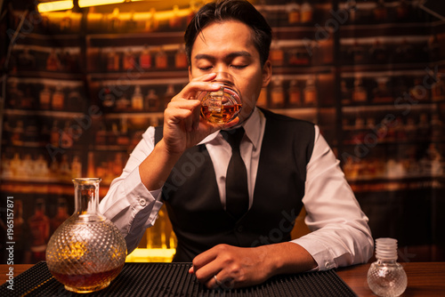Bartender Holding a Glass of Premium Whiskey on Bar Counter