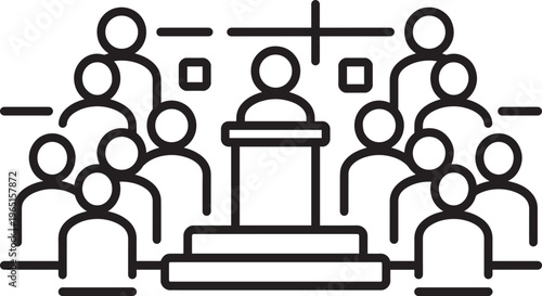 Outline icon illustrating audience attending a presentation or seminar. Suitable for education, conferences, training events, and public speaking concepts.