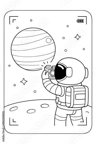 Astronaut Photographing Jupiter in Outer Space with Camera, Coloring Page