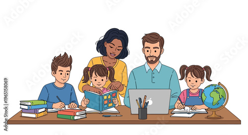 Family learning together at home: parents helping children with homework and reading