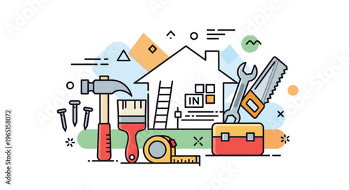 Home Renovation Tools and House Illustration - DIY Concept