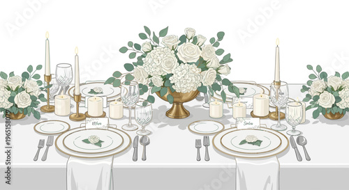 Elegant Wedding Table Setting with White Flowers and Candles