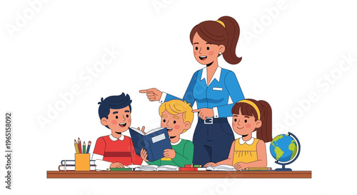 Teacher and students in classroom, learning and reading together, education concept