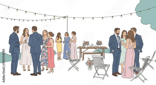 Elegant outdoor gathering with guests mingling under string lights, illustration style