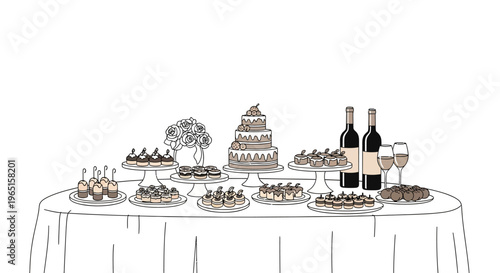 Elegant Dessert Table with Wedding Cake, Pastries, Wine Bottles and Glasses