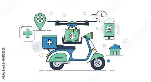 Drone and Scooter Delivery of Medical Supplies, Healthcare Logistics Concept